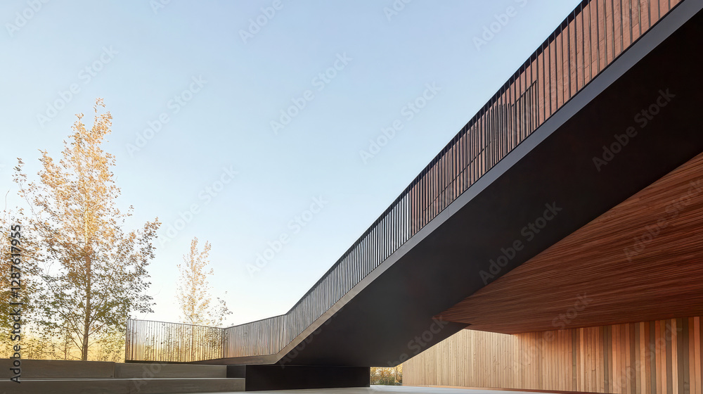 Obraz premium Modern architectural structure with a sleek design in a natural setting at dusk