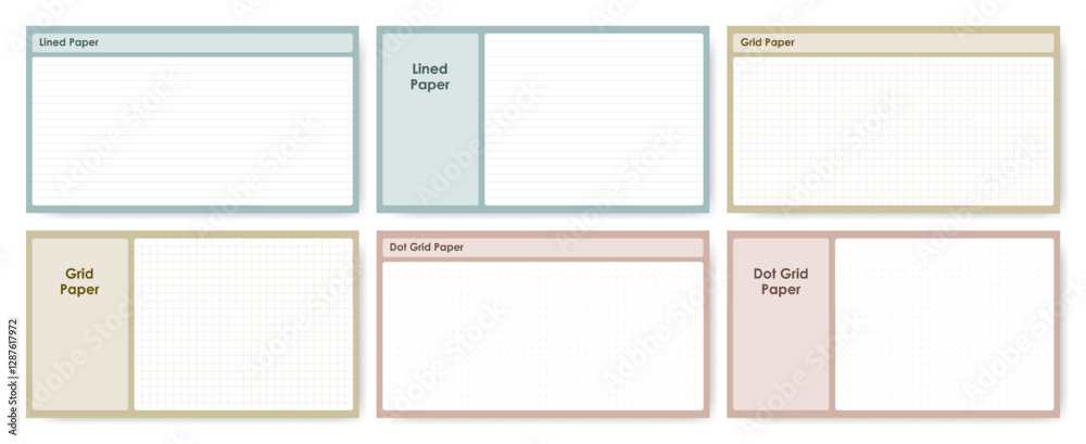 Set of 16:9 notebook paper templates with title spaces, includes lined, grid, and dot grid papers. Muted pastel colors. Set of 16:9 notebook paper templates with title spaces, includes lined, grid, and dot grid papers. Muted pastel colors.
