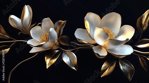 Elegant floral design with golden metallic leaves and white magnolia on a black background

