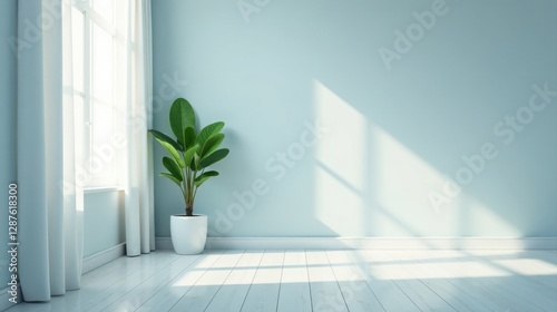 Serene Minimalist Room Interior Design with Sunlight Streaming Through Window and Potted Plant