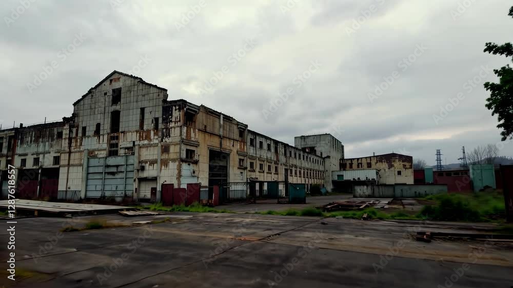 A dynamic medium shot captures an abandoned warehouse with broken walls and scattered debris. The camera moves fluidly, exploring the eerie space, and A dynamic medium shot captures an abandoned warehouse with broken walls and scattered debris. The camera moves fluidly, exploring the eerie space, and