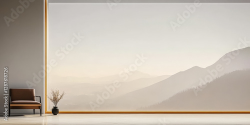 Serene interior with mountain view at dawn creating a tranquil atmosphere for relaxation