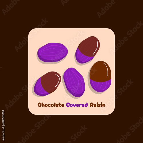 National Chocolate Covered Raisin Day to celebrate on March 24th. Several raisins covered in chocolate on dark brown background. Food event banner.