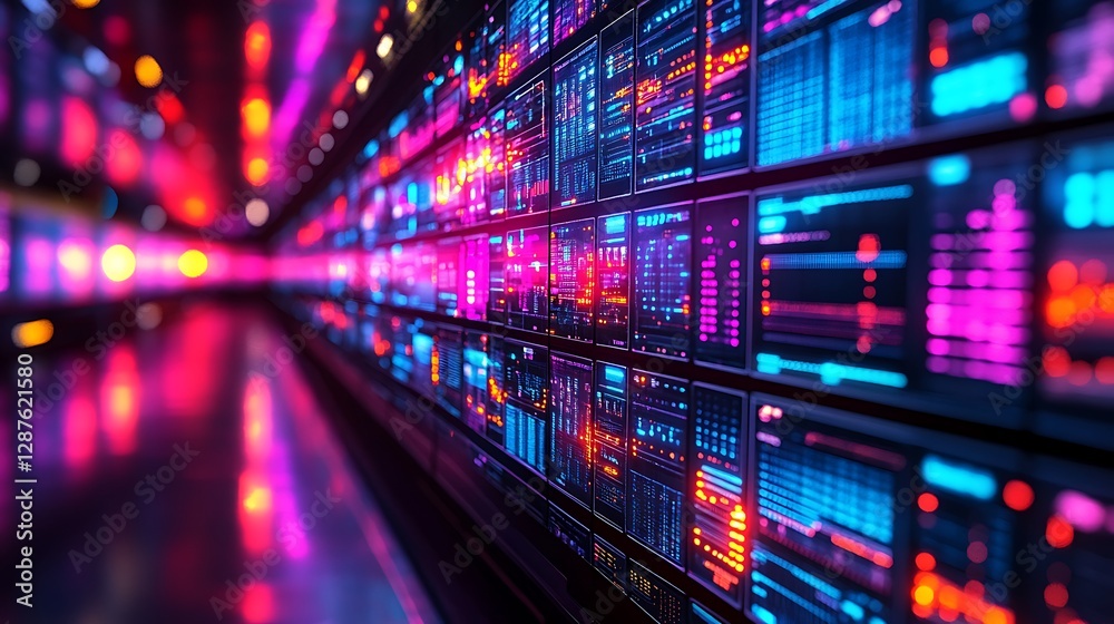 Vibrant digital interface showcasing data analytics in a futuristic server room with glowing screens Vibrant digital interface showcasing data analytics in a futuristic server room with glowing screens