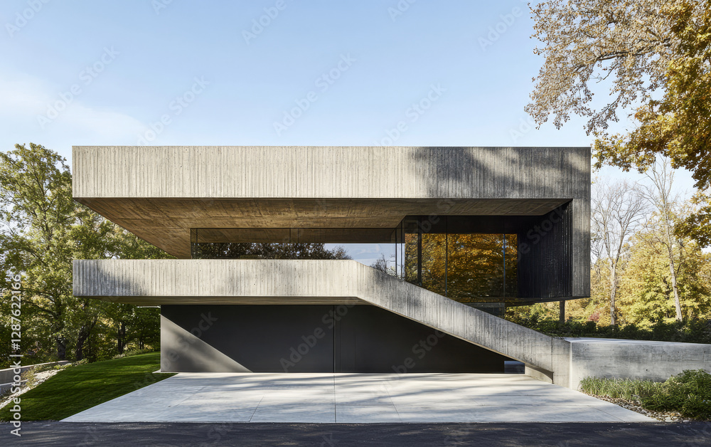 Modern architectural design showcasing a minimalist concrete house in a wooded area Modern architectural design showcasing a minimalist concrete house in a wooded area