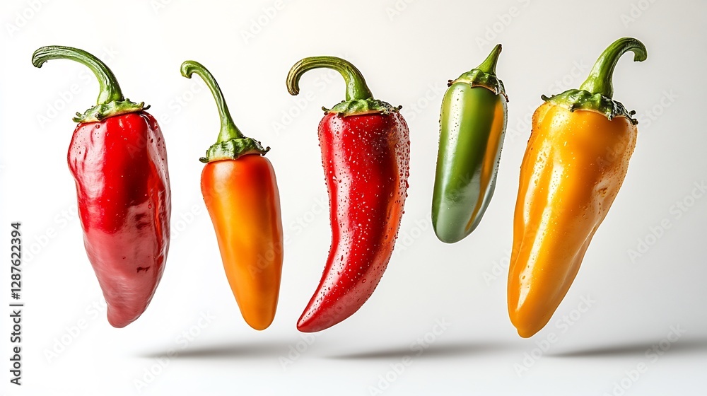 Set of chili peppers including cayenne jalapeno and capsicum floating and falling in the air isolated against a clean white background Set of chili peppers including cayenne jalapeno and capsicum floating and falling in the air isolated against a clean white background