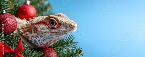 Bearded Dragon Among Christmas Decorations in Festive Setting