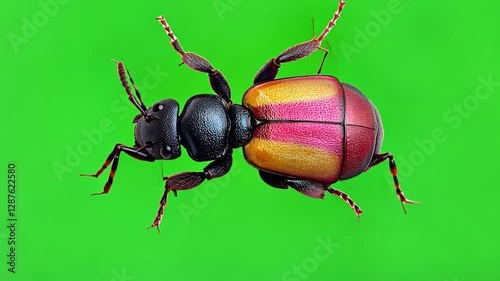 Beetle's vibrant close-up on a plain green backdrop: An up-close image of a beetle showcasing vivid colors and unique textures on a solid green background.