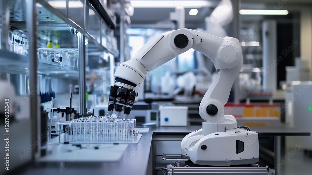 Robotic Arm Precisely Handling Test Tubes in Modern Lab: Clean, Clinical Aesthetic Robotic Arm Precisely Handling Test Tubes in Modern Lab: Clean, Clinical Aesthetic