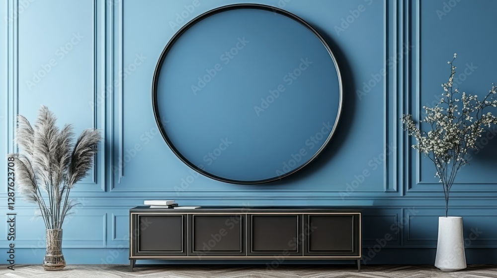 Fototapeta premium Interior features a blue wall with round mirror and decor