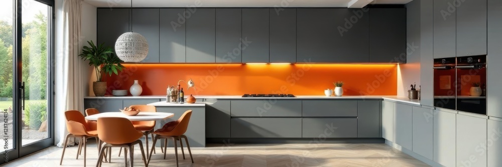 Fototapeta premium Geometric orange accents in a gray modern kitchen, orange, room
