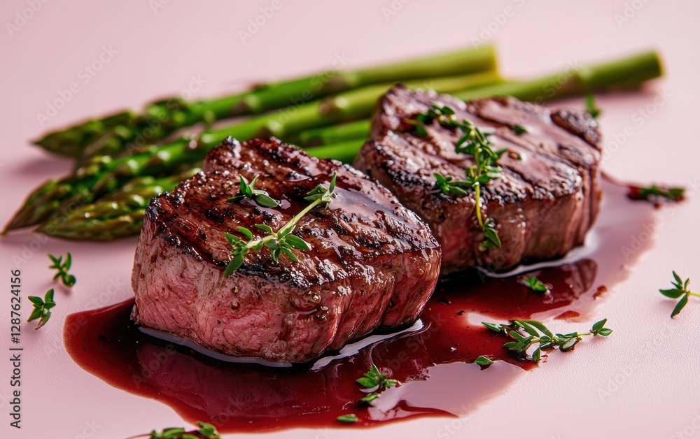Tender steak medallions with red wine reduction splashes and steamed asparagus on a soft pink background Tender steak medallions with red wine reduction splashes and steamed asparagus on a soft pink background