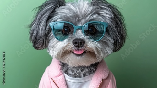 Close-up of a dog wearing a pastel pink jacket, blue sunglasses, and a white t-shirt, playfully wagging its tail and making a silly face, set against a soft green background