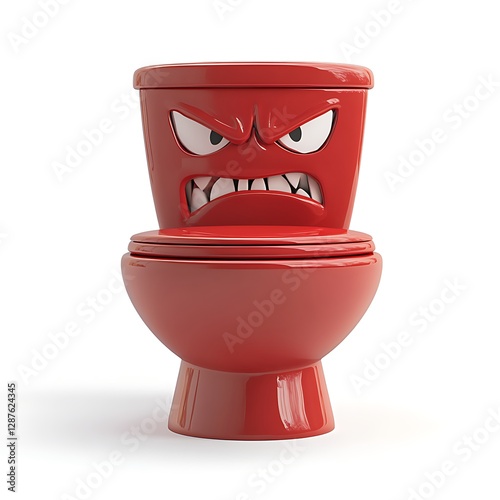 Realistic angry toilet emoji in bold red, isolated against a clean white background