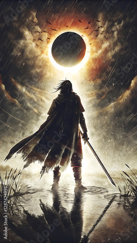 Legendary Dark Cloaked Warrior with Swords Standing under Solar Eclipse Sky HD 4K Image