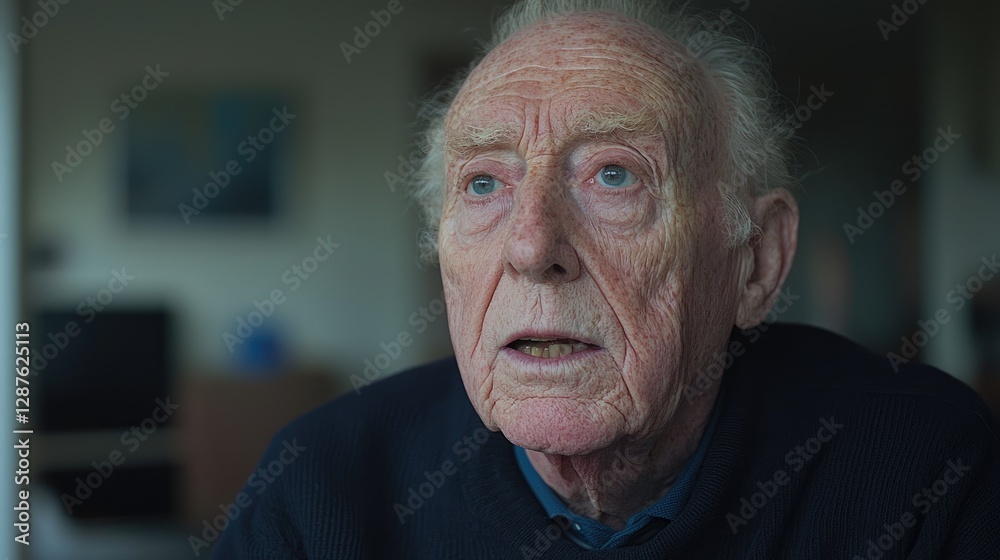 Elderly man looking thoughtful in a home environment. Possible use Stock photo for articles on aging, senior citizens, or interviews Elderly man looking thoughtful in a home environment. Possible use Stock photo for articles on aging, senior citizens, or interviews