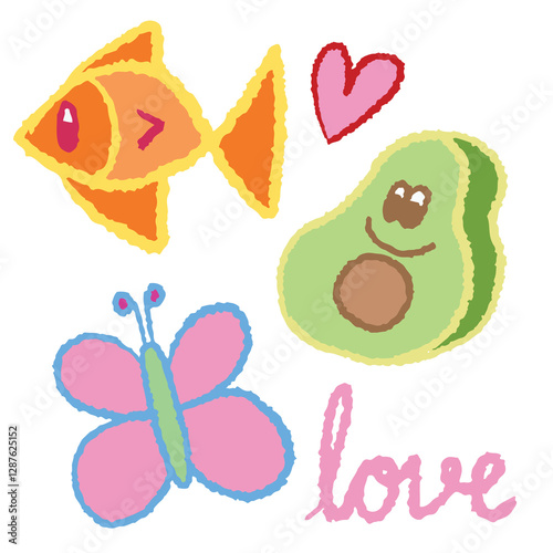 Hand drawn crayon illustrations of fish, butterfly, avocado, love letters and heart for decoration, animal, pet, vet, spring, summer, learning materials, kids and children, stickers, cartoon character