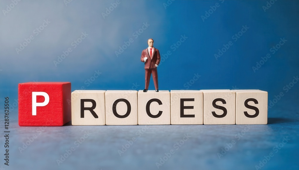 Fototapeta premium ERP -Enterprise Resource Planning concept Miniature businessman standing on blocks spelling process.