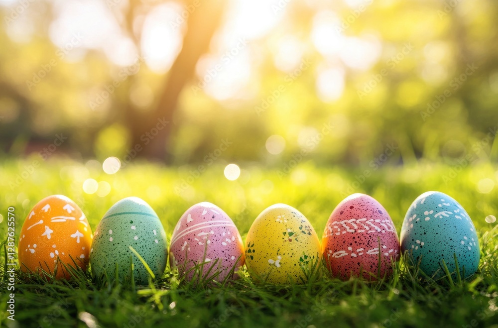 Colorful Easter eggs lined up on the grass with sunlight in the background. Spring holiday concept. copy space. Happy Easter Festival Concept, April 2025. Colorful Easter eggs lined up on the grass with sunlight in the background. Spring holiday concept. copy space. Happy Easter Festival Concept, April 2025.