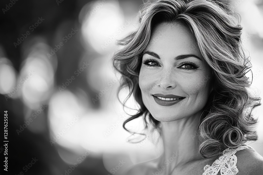 Naklejka premium a beautiful woman of elegant age, with a beautiful hairstyle and an open smile.