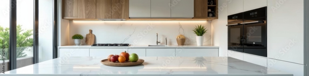 Sleek minimalist kitchen, marble counters, stainless steel appliances, refrigerator, faucet Sleek minimalist kitchen, marble counters, stainless steel appliances, refrigerator, faucet