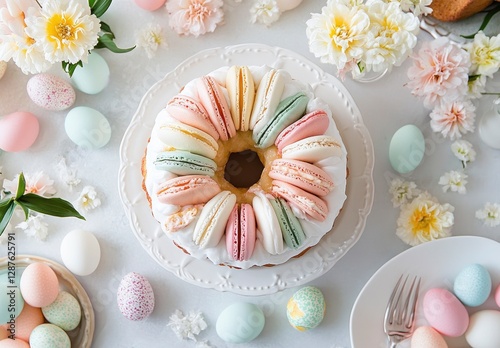 Easter Brunch with a focus on the Easter Maison Macaron. Easter table setting, colorful eggs and a beautiful Bundt cake. Happy Birthday to You, Spring flowers concept and Happy Easter Day.