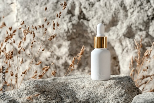 Skincare concept with serum dropper bottle on stone background. skincare cosmetics concept