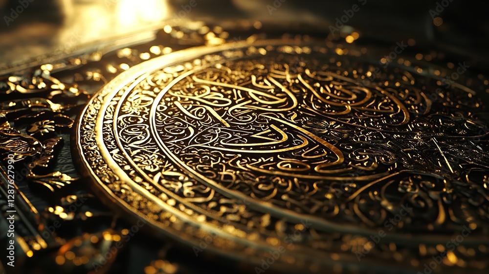 Intricately Designed Metal Gate Adorned with Arabic Calligraphy, Leading to a Blurry Interior with Softly Glowing Lights, Evoking a Sense of Spiritual Passage and Mystical Ambiance
Intricately Designed Metal Gate Adorned with Arabic Calligraphy, Leading to a Blurry Interior with Softly Glowing Lights, Evoking a Sense of Spiritual Passage and Mystical Ambiance