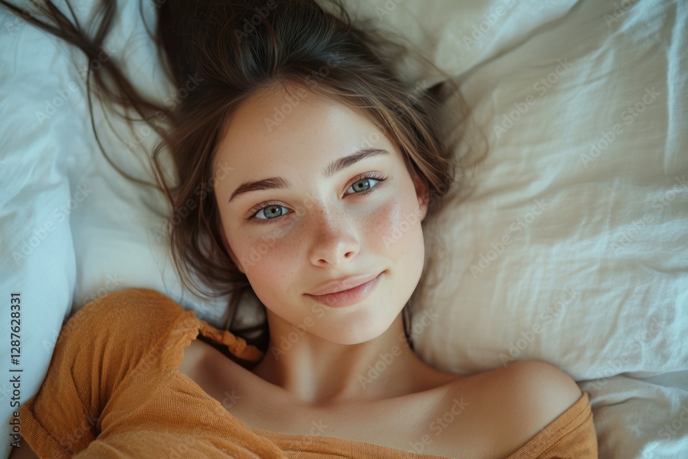 Happy young woman waking up in bed, stretching and smiling. Portrait of beautiful female with captivating eyes on white sheets in bedroom. Closeup of relaxed person waking up with copy space. Happy young woman waking up in bed, stretching and smiling. Portrait of beautiful female with captivating eyes on white sheets in bedroom. Closeup of relaxed person waking up with copy space.