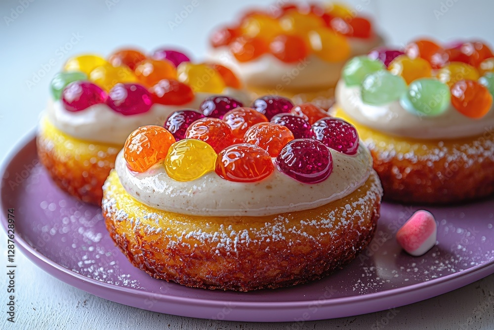Colorful jelly topped pastry on purple plate with powdered sugar garnish Colorful jelly topped pastry on purple plate with powdered sugar garnish