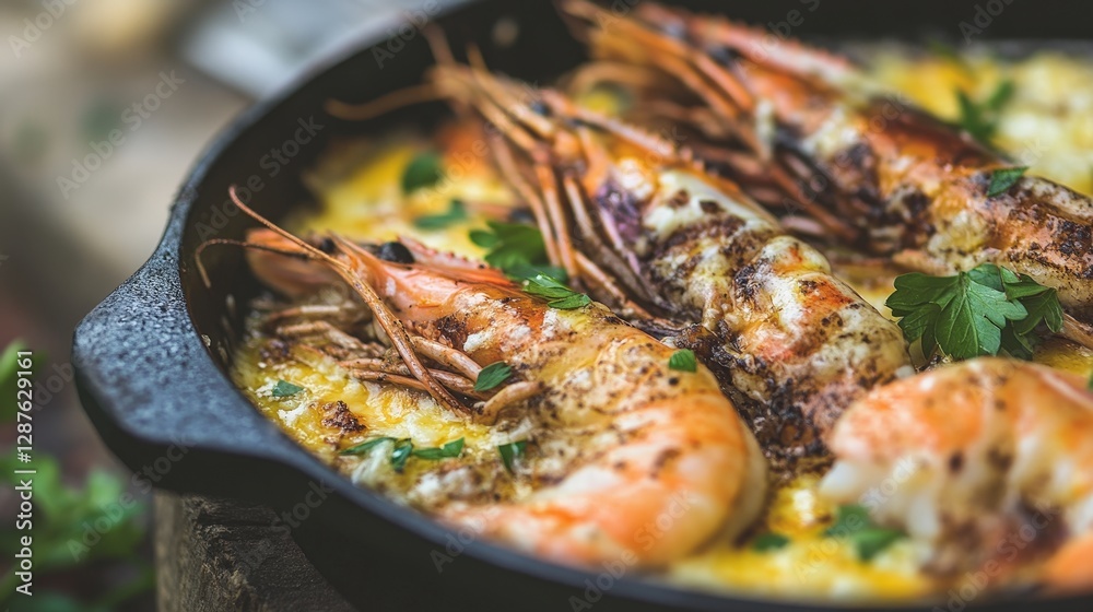 Delicious Shrimp Dish Served in Skillet with Garnish and Flavor Delicious Shrimp Dish Served in Skillet with Garnish and Flavor