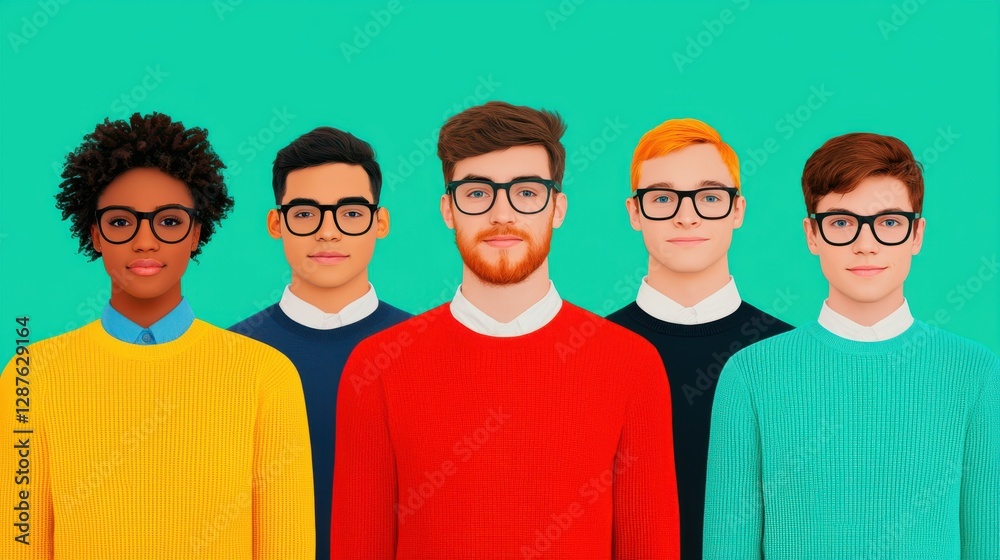 Five diverse individuals in colorful sweaters and glasses stand together against a bright turquoise background, showcasing friendship and style. Five diverse individuals in colorful sweaters and glasses stand together against a bright turquoise background, showcasing friendship and style.