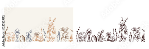Easter vintage hand drawn border with bunny, eggs, flowers and cake in pastel colors
