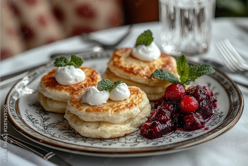 Delicious breakfast syrniki with berries and cream on elegant plate Delicious breakfast syrniki with berries and cream on elegant plate