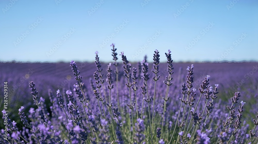 Naklejka premium Lavender field in bloom, serene atmosphere, close-up of lavender flowers, clear blue sky, copy space