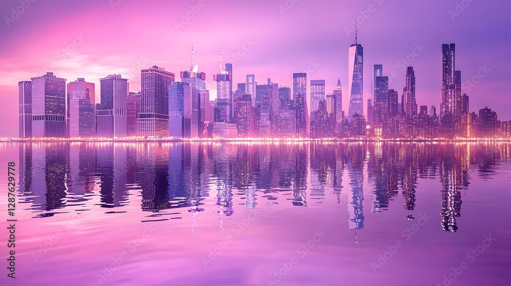 Obraz premium Stunning Pink Sunset Skyline Cityscape Reflection Urban Panorama Night City Lights