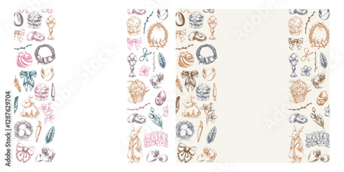 Easter vintage hand drawn border set with pastel and monochrome sketches