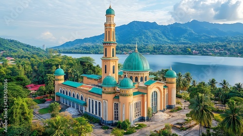 Mosque overlooking lake, mountain backdrop, aerial view