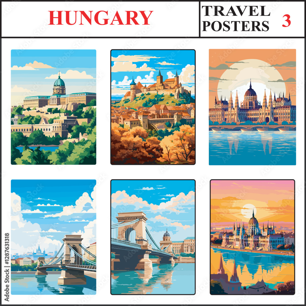 Obraz premium Hungary Budapest Eger Budapest Travel Poster Wall Art Print Collection Set Part 3