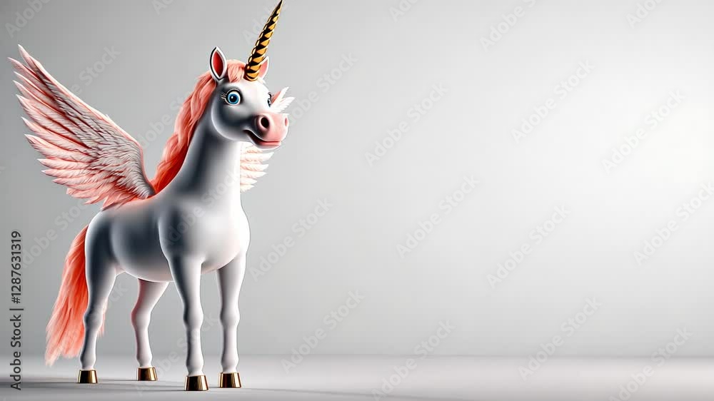 A whimsical, winged unicorn stands majestically against a minimalistic background
