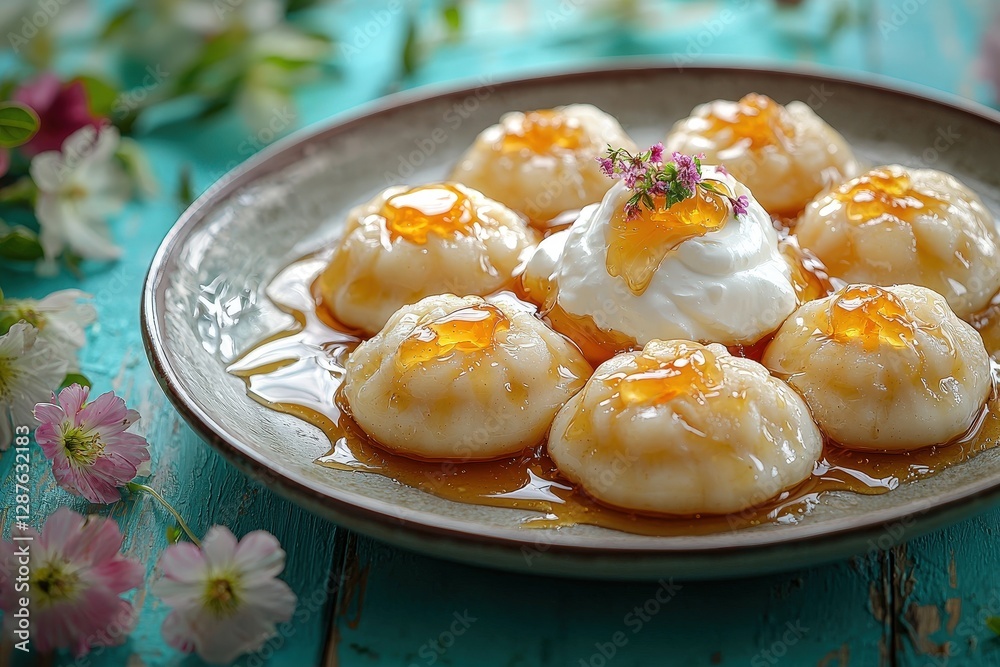 Elegant dessert presentation with sweet syrup and cream on rustic platter Elegant dessert presentation with sweet syrup and cream on rustic platter
