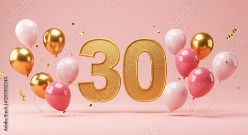 Festive arrangement celebrates thirtieth birthday with balloons and confetti