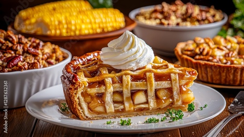 Apple pie with a lattice crust showcased with whipped cream, set among a bounty of Thanksgiving dishes like corn on the cob, stuffing, and pecan pie photo