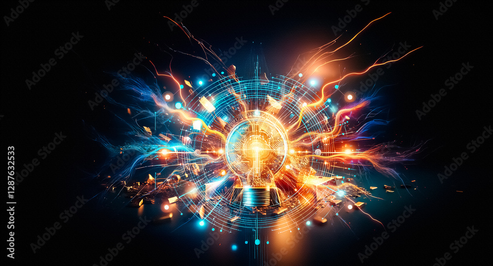 Fototapeta premium A golden bitcoin explodes from a pile of gold bars and fragments against a dark backdrop, illuminated by a bright light source, symbolizing digital currency.