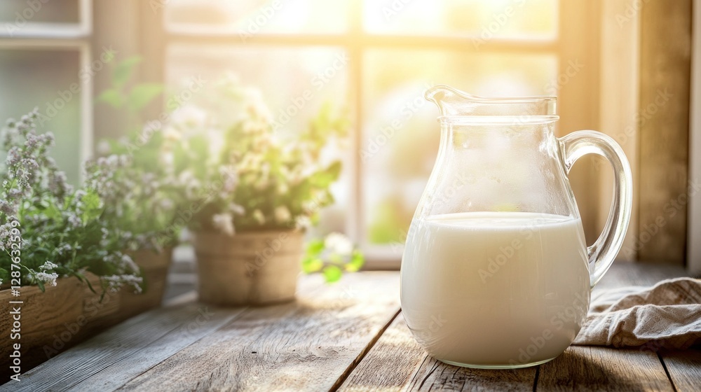 Glass jug of fresh milk sitting on rustic wooden table by window with potted plants and morning sunlight Glass jug of fresh milk sitting on rustic wooden table by window with potted plants and morning sunlight