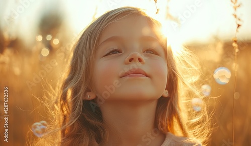 Joyful Little Girl Blowing Bubbles in the Sun with Blurred Background, Perfect for Web Banner Advertising
