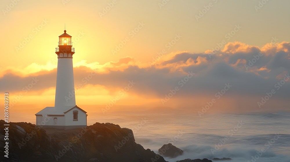 Fototapeta premium Majestic Coastal Lighthouse at Sunrise Dramatic Ocean View Golden Hour Light