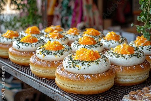 Delicious orange-topped cream pastries displayed in a bakery setting