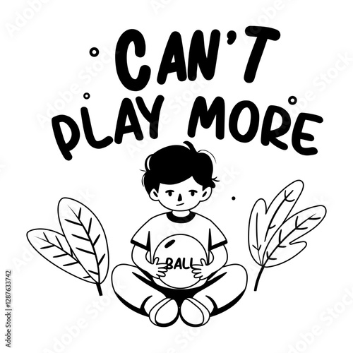 A glyph illustration of a sad boy with cant play more typography 