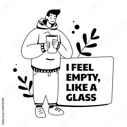 A glyph illustration of a character feeling empty holding a drink 